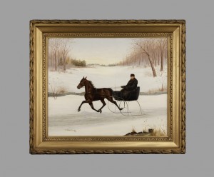 A painting of a man riding in a horse drawn carriage.
