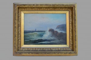 A painting of waves crashing on the shore.