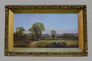A painting of a field with trees and people.